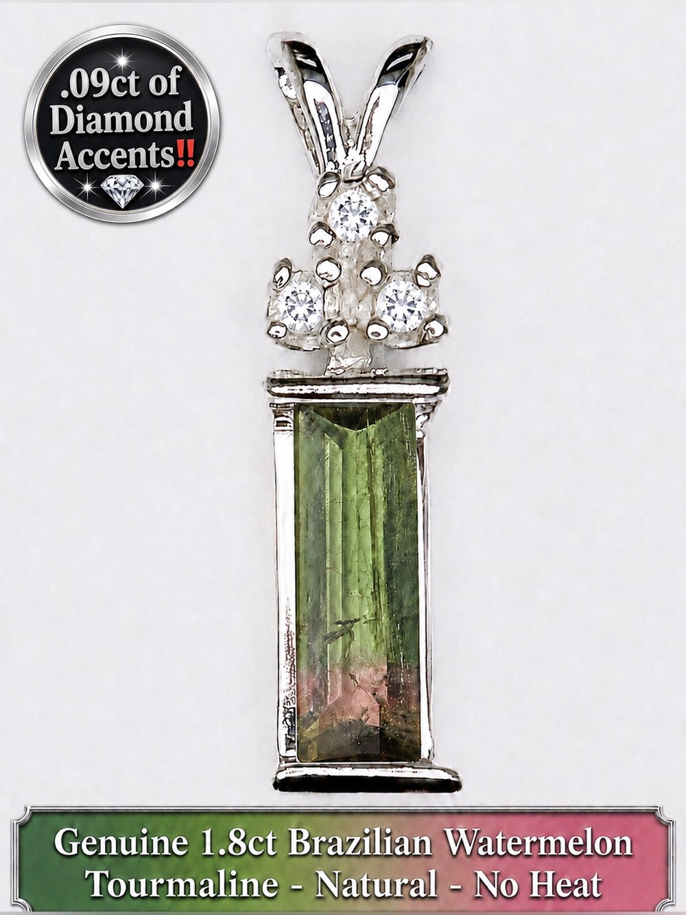 1.89ct Watermelon Pendant Necklace Sterling Silver 18" chain